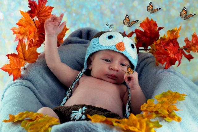 bébé accessoire bonnet hibou fond automne et papillons